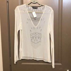 BCBG flowy sheer blouse w metallic embellishment